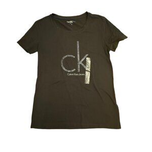 Calvin Klein Jeans Womens Black Short-Sleeve T-Shirt Glitter Logo Medium NWT